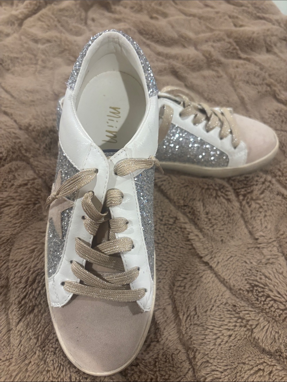 Women's Glitter Panel Lace-Up Sneakers - White, Silver & Tan